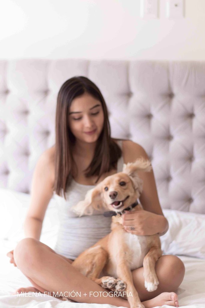 Sesión de fotos de embarazo en casa con perro en cama