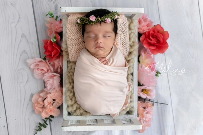 retrato recién nacida en camita con flores