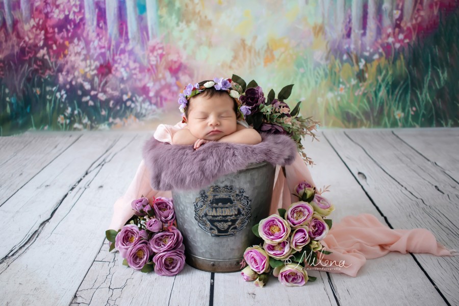 sesión newborn segura para niña en una cubeta con flores,